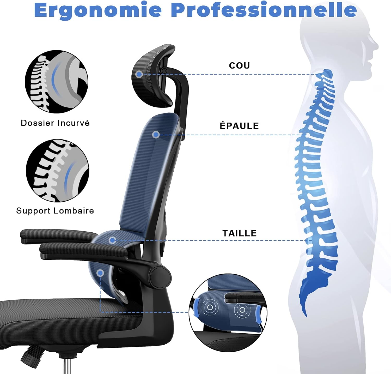 Chaise de bureau ergonomique - appui-tête & lombaire réglables - accoudoirs réversibles, maille noire, usage maison et b