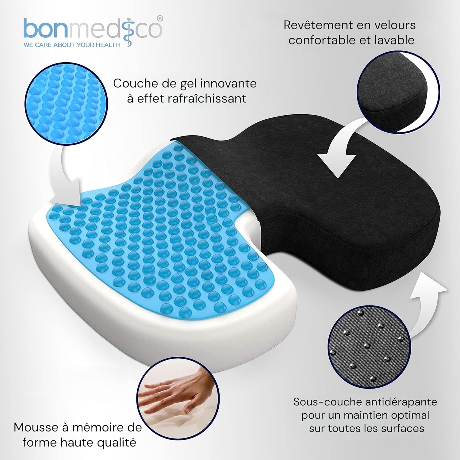 Coussin ergonomique - mémoire de forme - soutien lombaire, chaise et voiture, noir, large