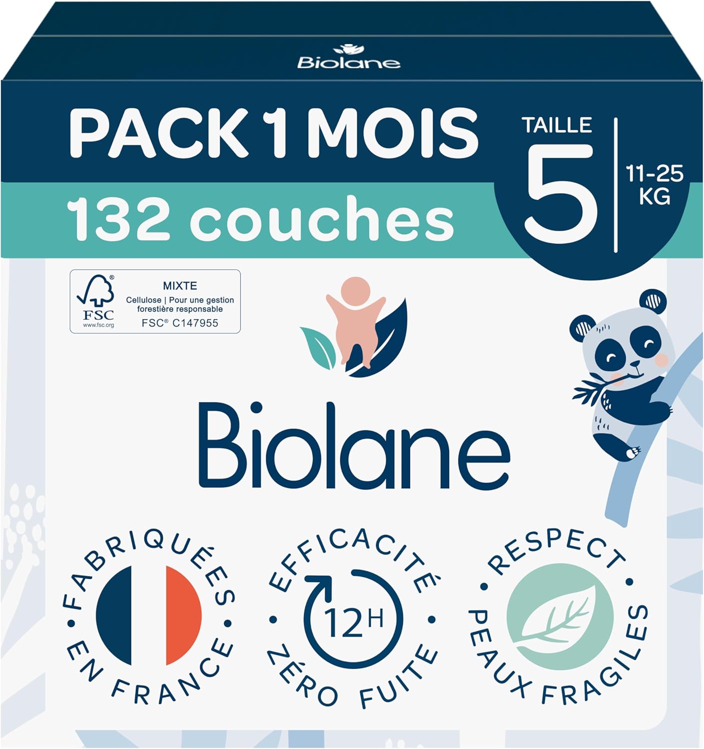 Biolane - couches bébé taille 5 (11-25 kg) - ultra-absorbant, confort, 12h protection, pack 1 mois