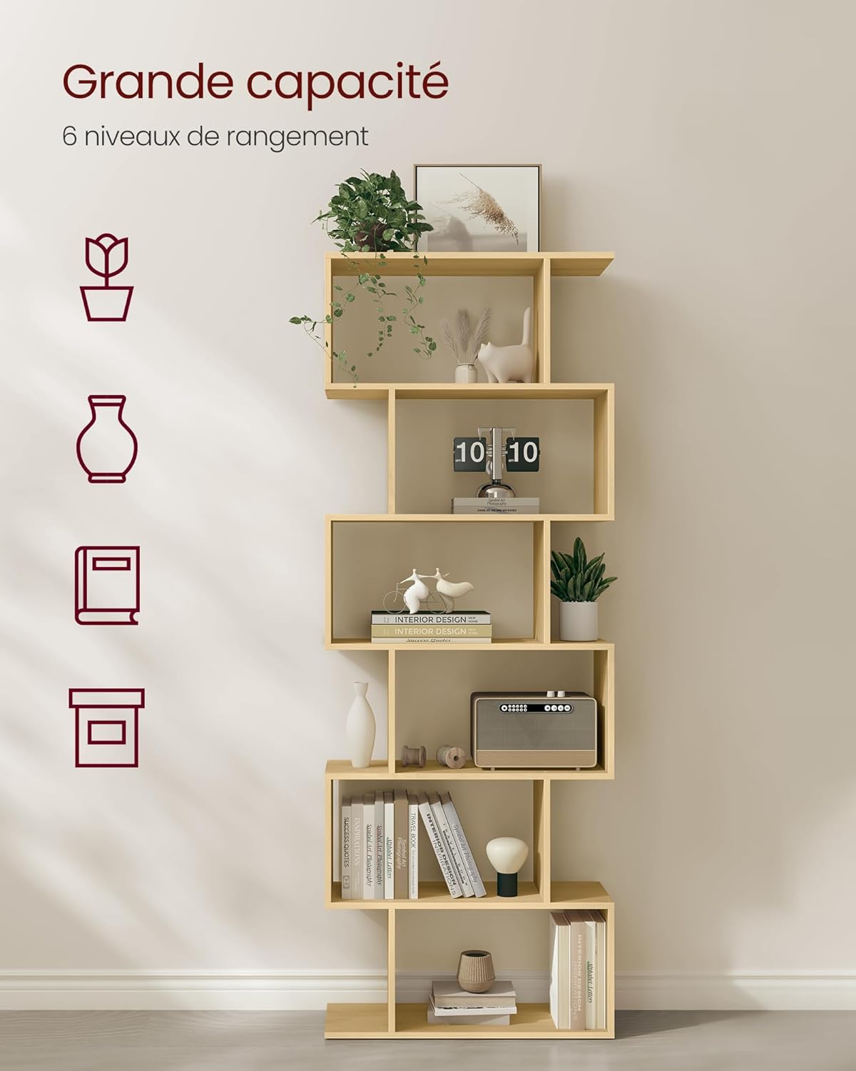 VASAGLE - bibliothèque 6 niveaux - 24x70x191 cm - chêne naturel - LBC061T70