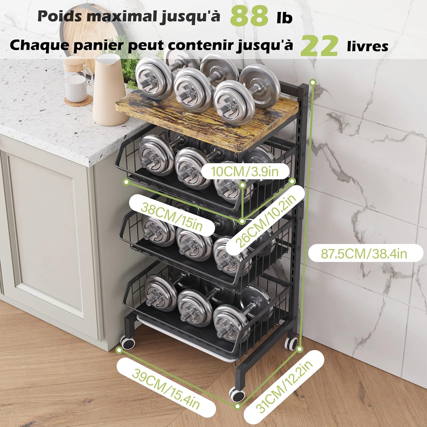 Étagère à légumes - panier empilable, roulettes, bois,  COVAODQ