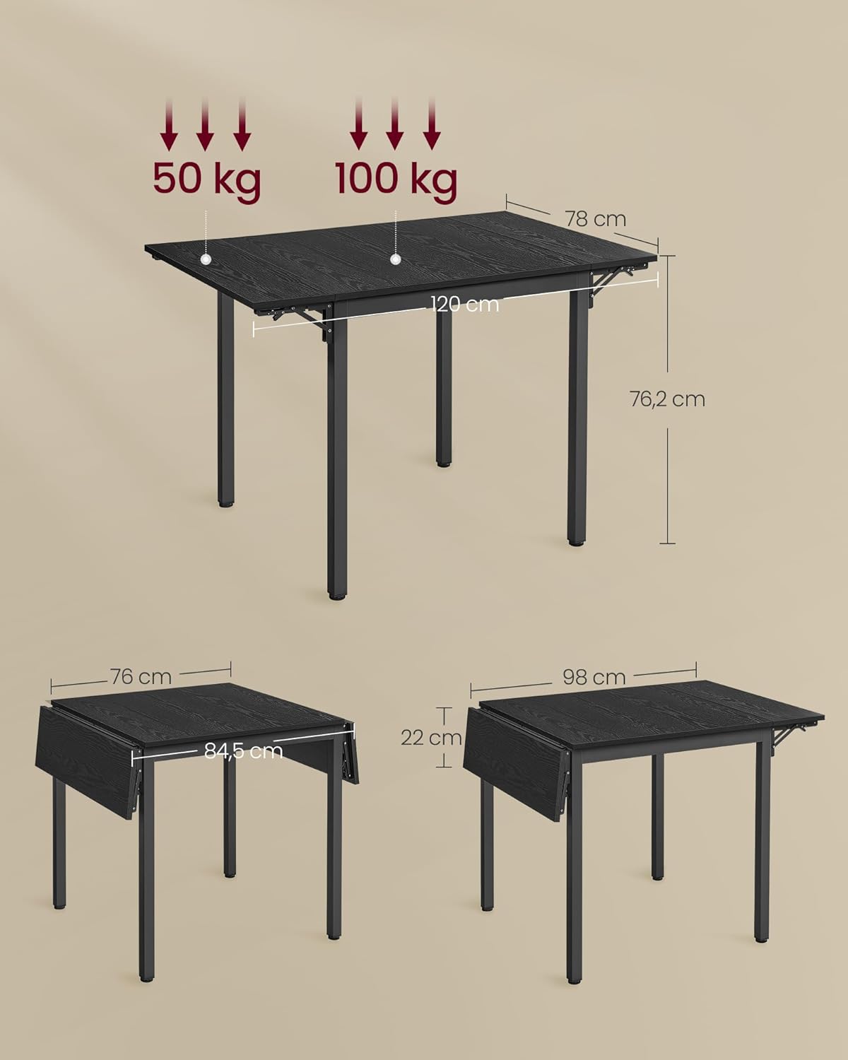 VASAGLE - table pliante rectangulaire, 2-4 pers, noir, compacte KDT077B03