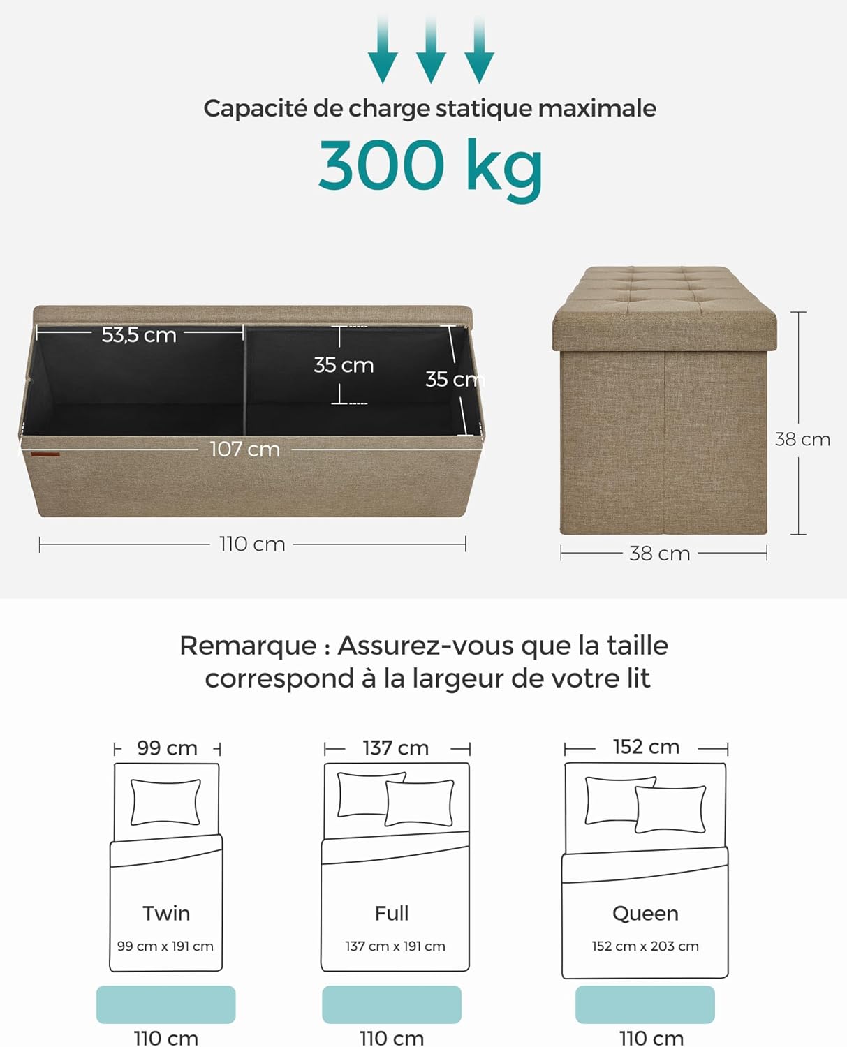 SONGMICS - Mazie Collection - banc pliable 110 cm, rangement bout de lit, montage facile, marron camel, LSF077R01