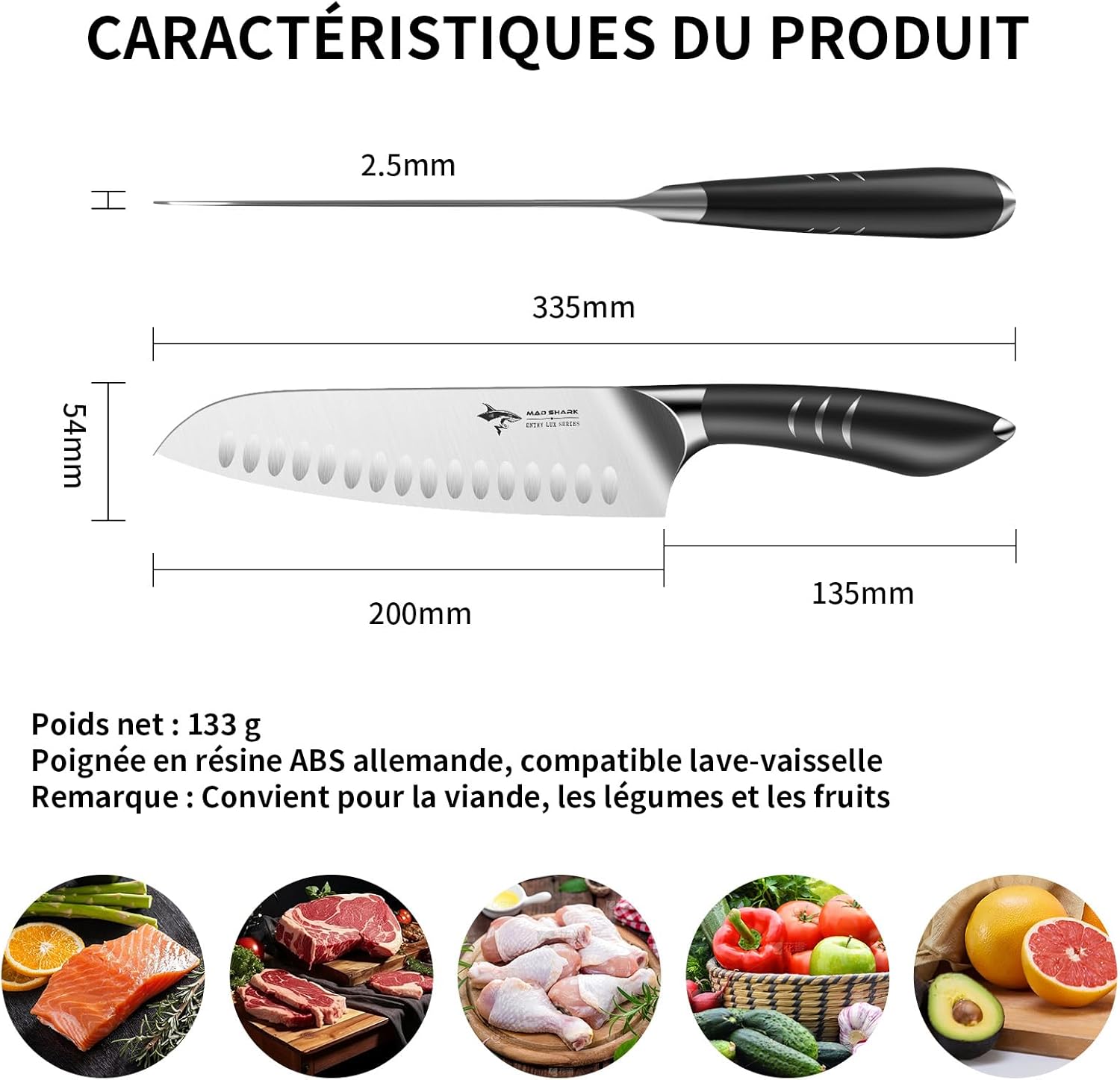 MAD SHARK - Santoku Série - 20 cm - Acier allemand, manche ergonomique