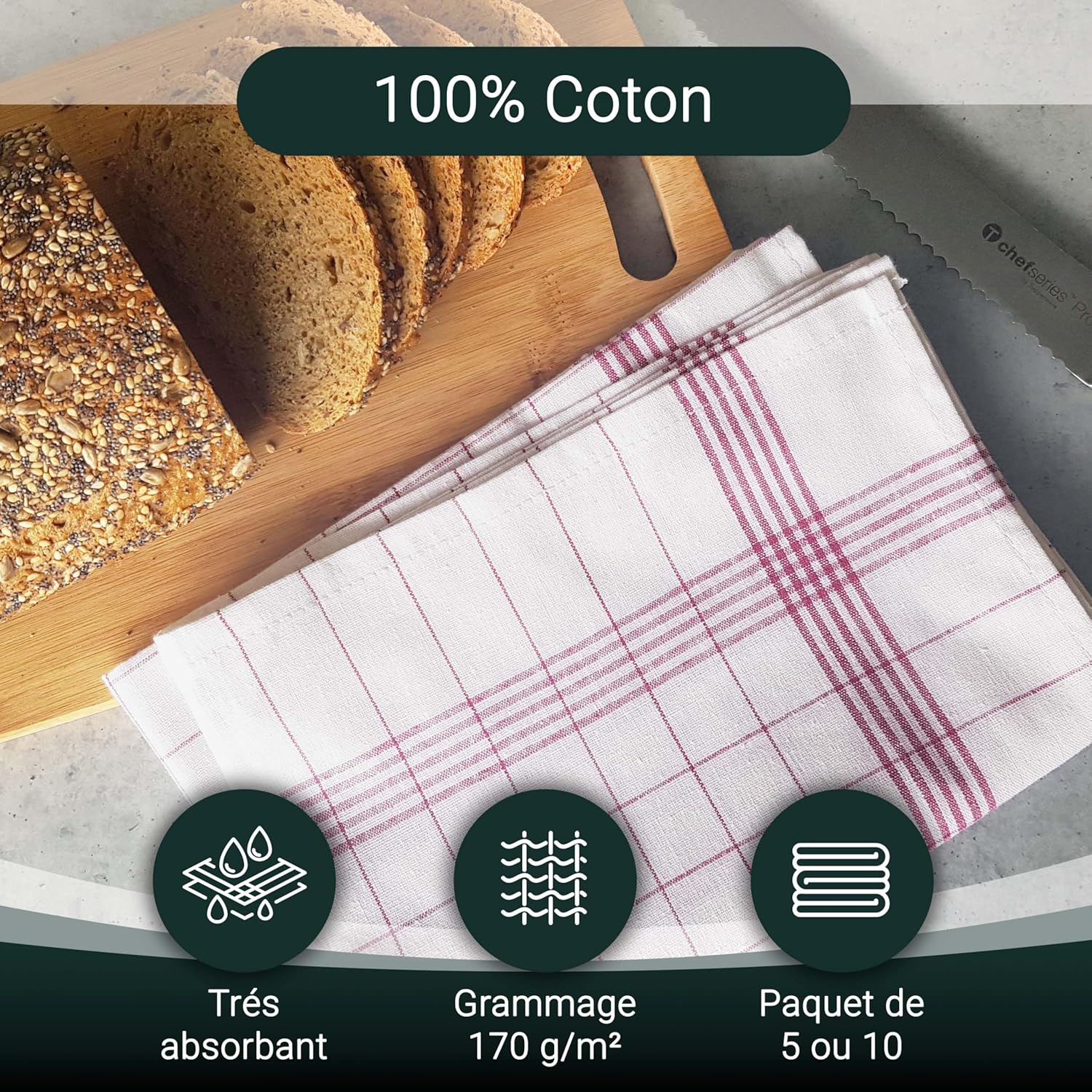 ZOLLNER - Set torchons cuisine carreaux rouges - 50x70 cm - coton