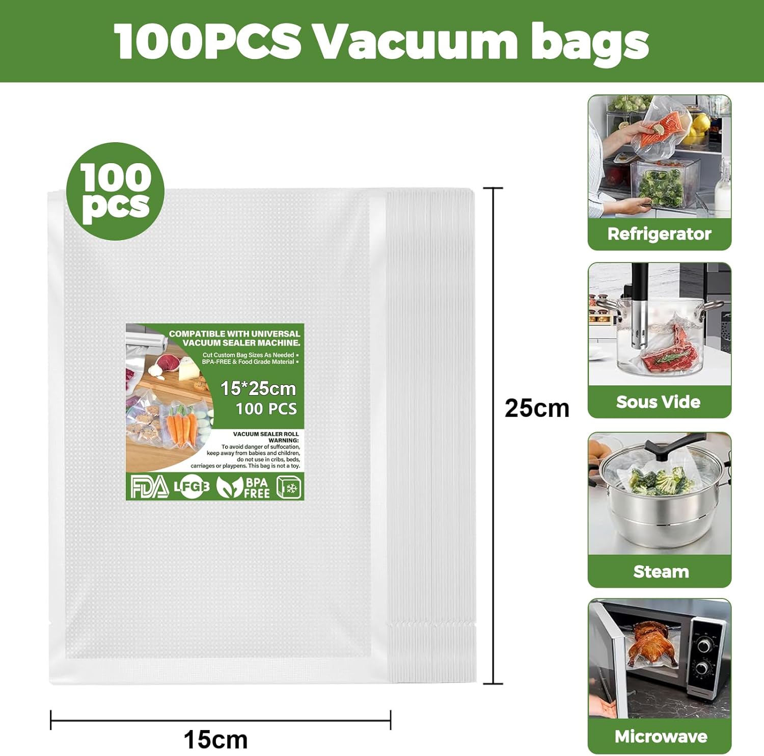 Sac sous vide alimentaire gaufré - 15x25cm - lot de 100 sachets sans BPA