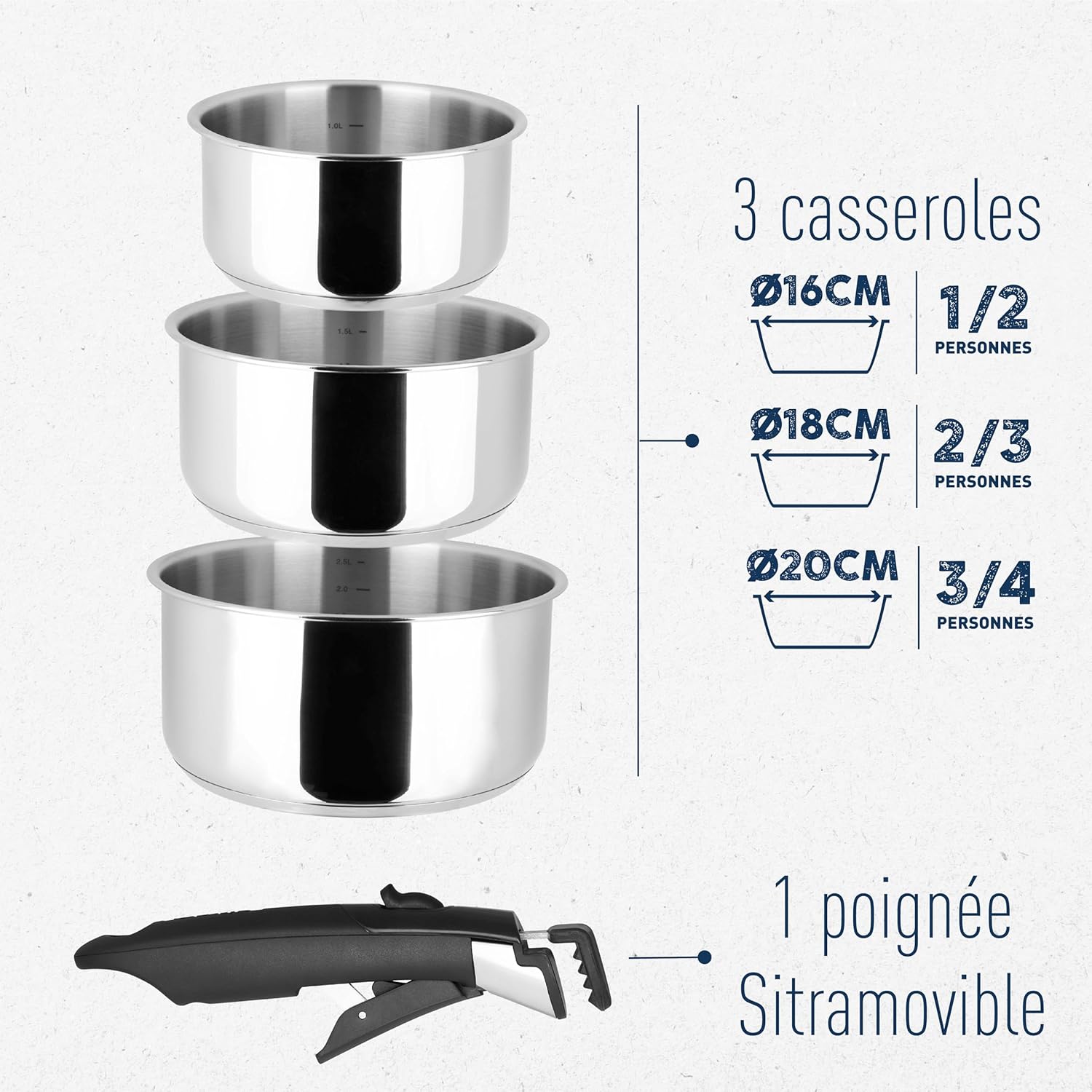 Sitram - Arpège série - 16/18/20cm - inox, poignée amovible, induction - 713511