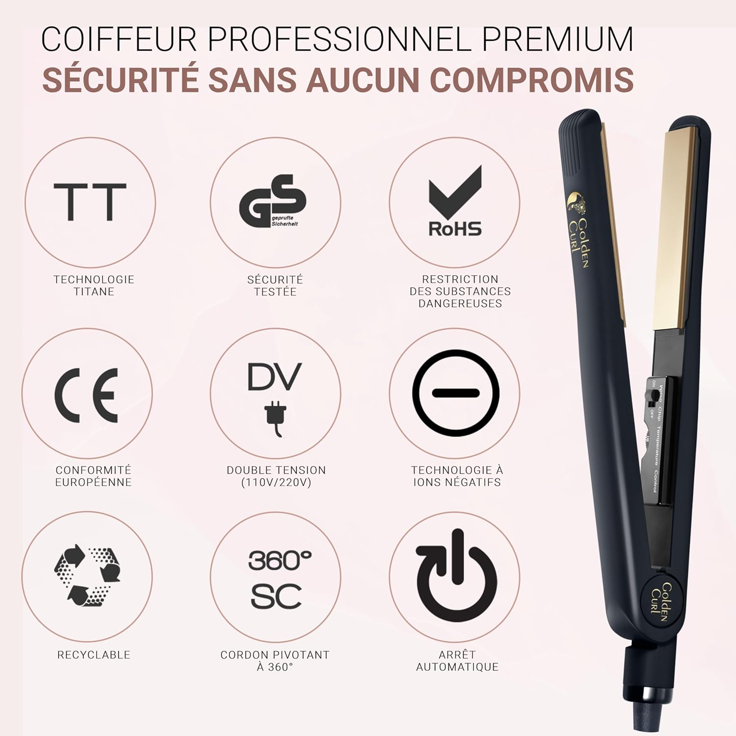 Golden Curl - Fer Lisseur 2 en 1, or, 5 ans garantie, lisse & boucle