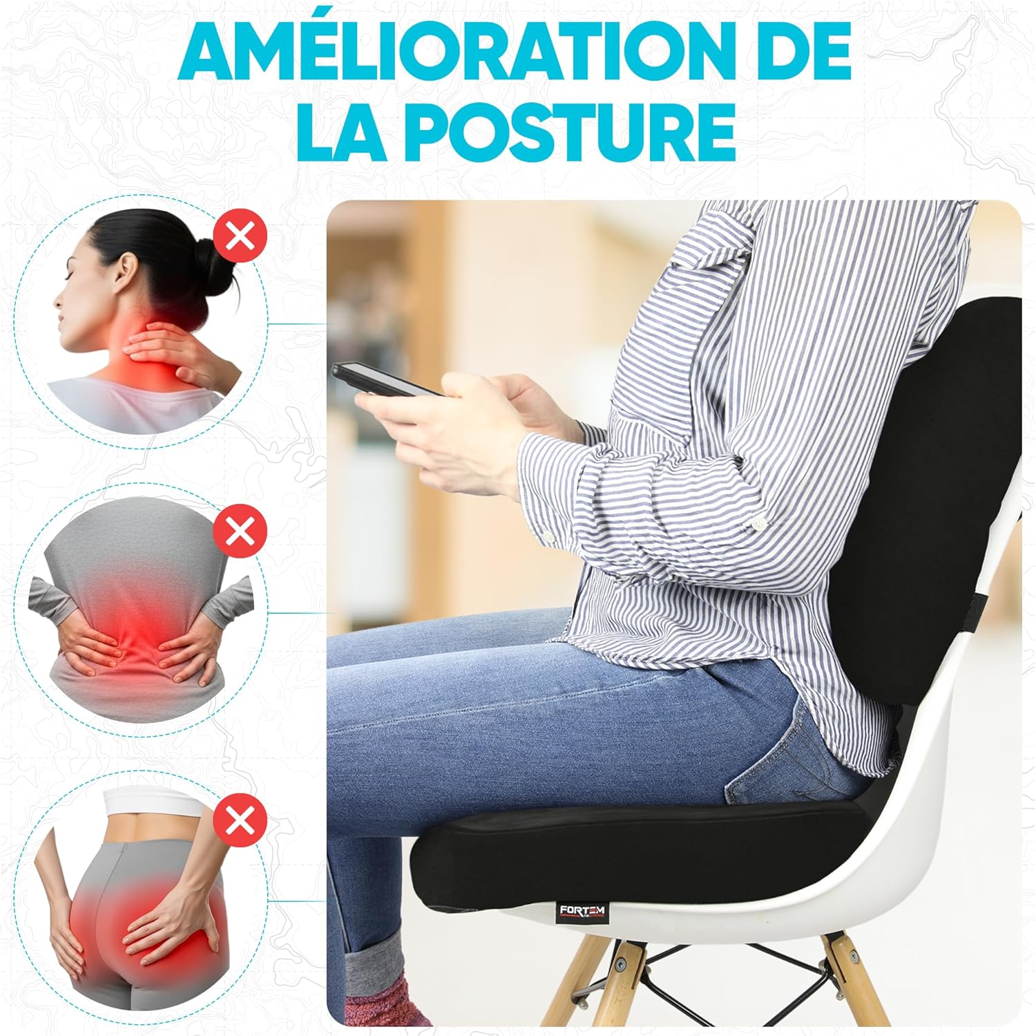 FORTEM - coussin lombaire mémoire de forme - ergonomique, antidérapant, soutien prolongé