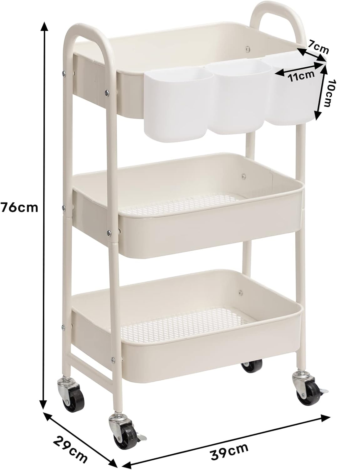 DOEWORKS - Chariot métal 3 niveaux à roulettes, blanc, rangement multiusage