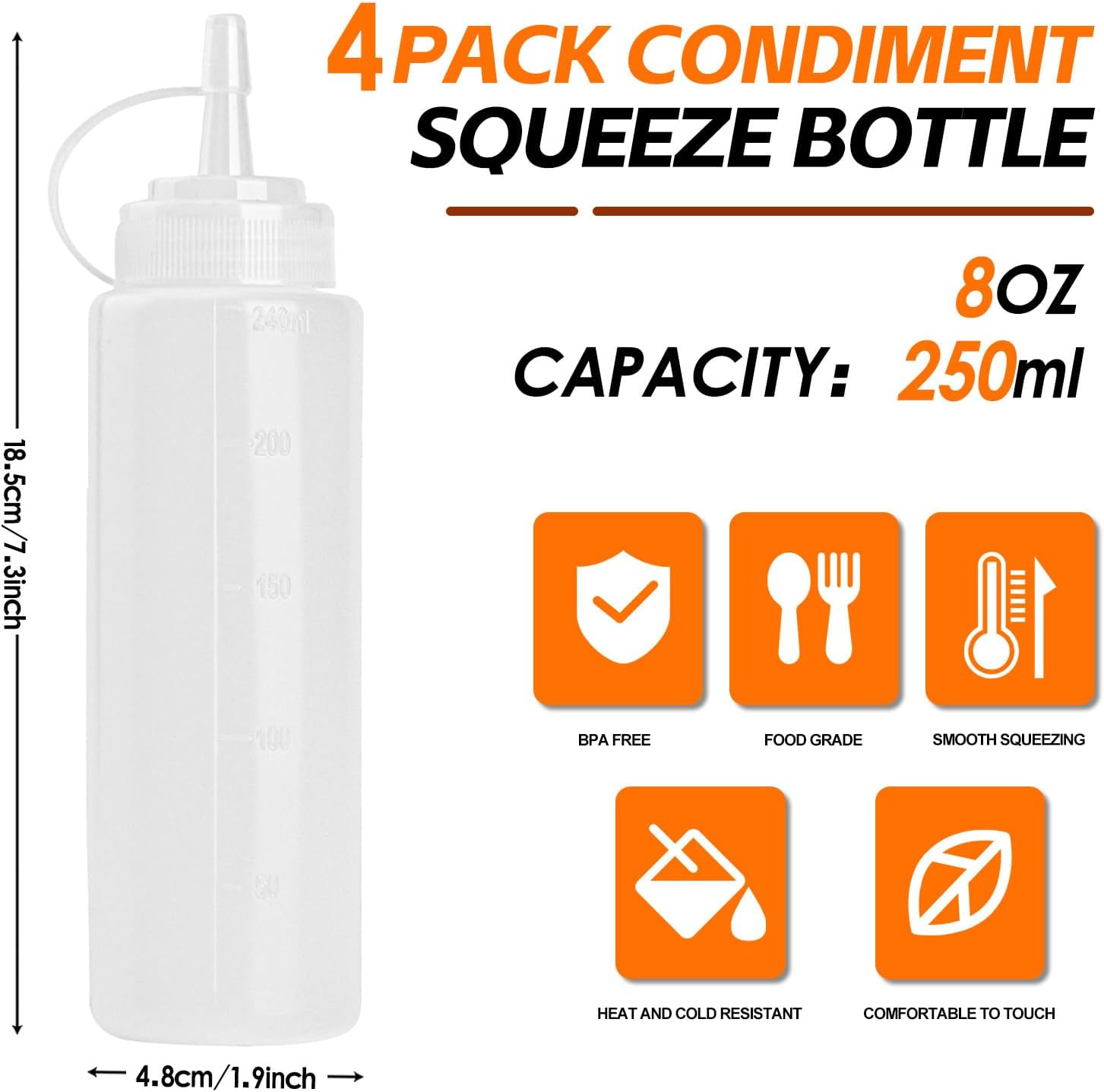 Bouteilles à presser - lot de 4 - 250 ml - plastique alimentaire, multifonction