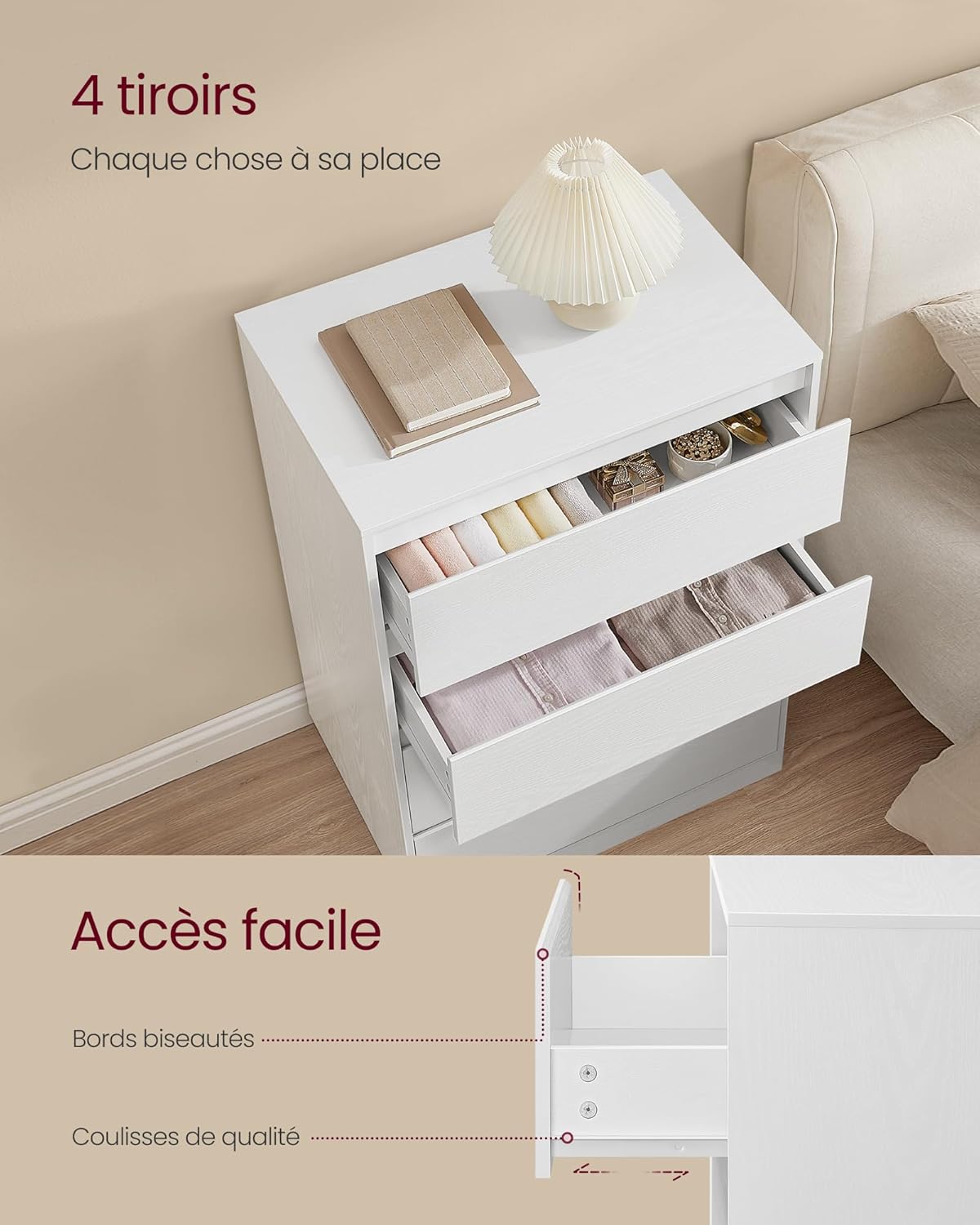 VASAGLE - Kailyn Collection - 40x60x97,4 cm - commode 4 tiroirs moderne blanche - LTS614WE02