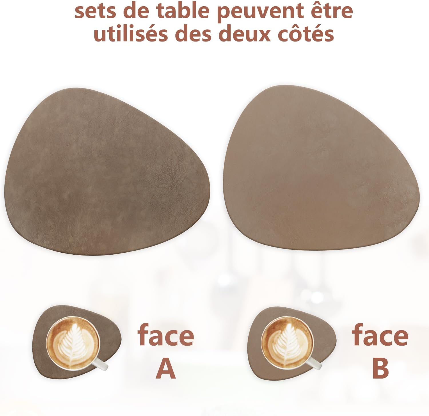 Set de table - cuir PU double face, lavable, antidérapant, 41x33cm, lot de 6