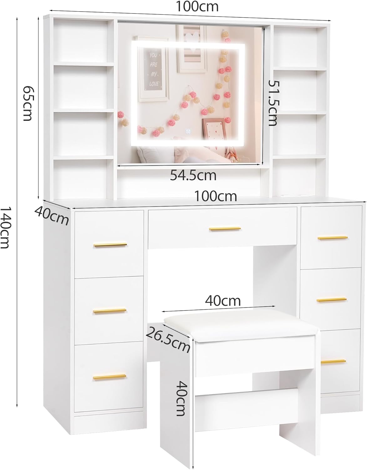 ANWBROAD - Grande coiffeuse LED, 140x100x40cm, 7 tiroirs, miroir, BDT65W