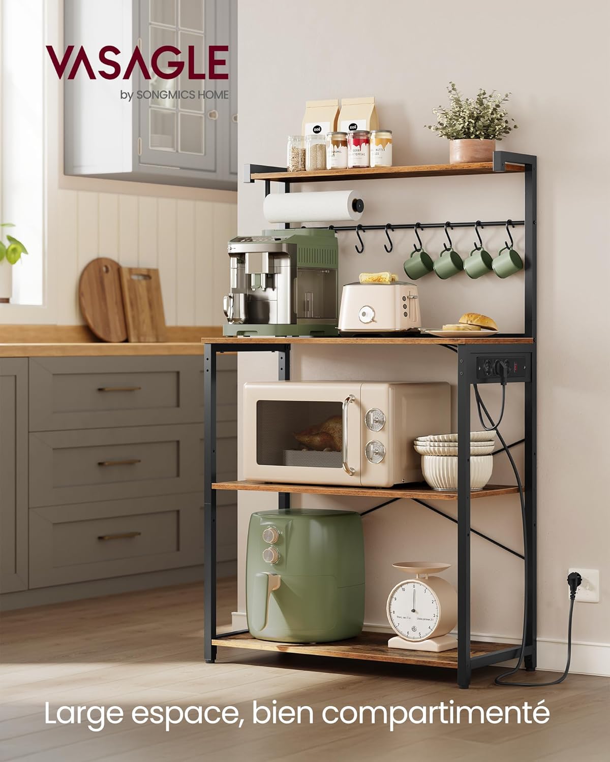 VASAGLE - étagère cuisine série bar café, 80x40x140 cm, 4 niveaux, multiprise, 8 crochets S, KKS029KD02