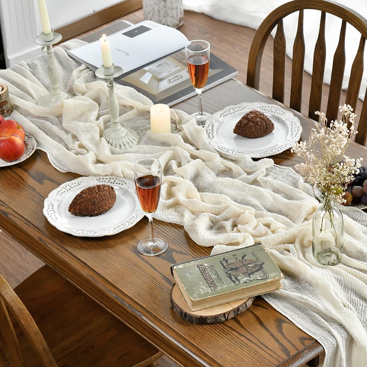 Artoid Mode – Lot de 2 chemins de table – 300 cm – gaze mousseline beige, décoration bohême