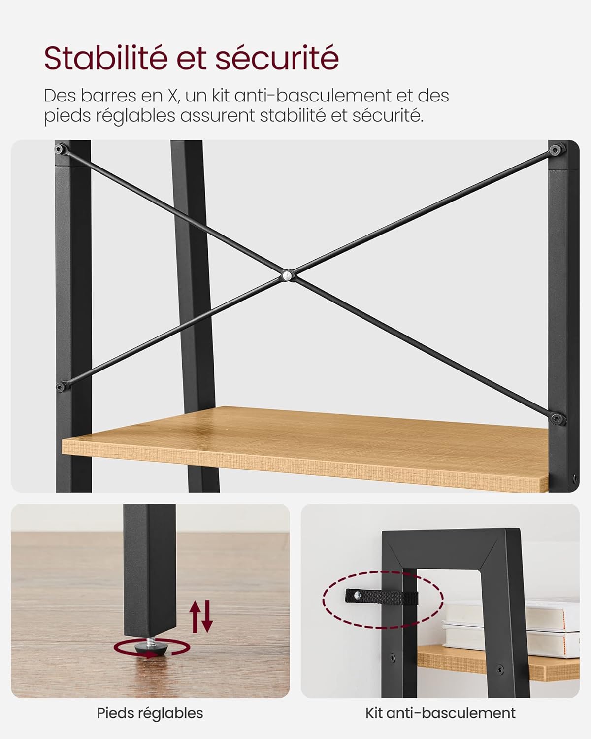 VASAGLE - étagère échelle 4 niveaux - acier, bois marron miel - 56x34x137cm - LLS044B05