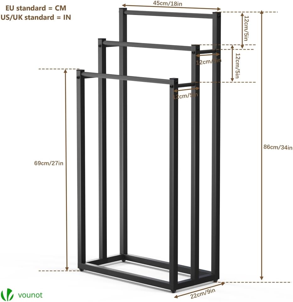 VOUNOT - Porte-serviettes sur pied, 3 niveaux, métal, noir, rangement stable