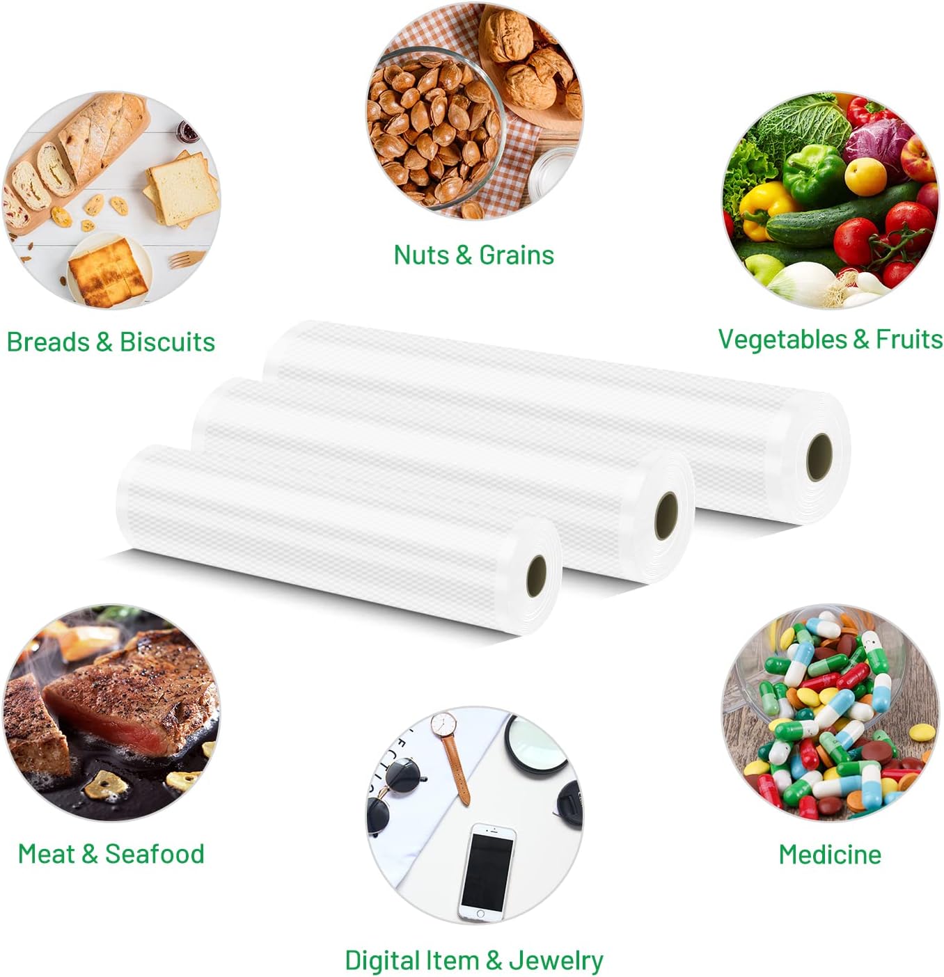 Rouleau sous vide alimentaire – 3 tailles 28/25/20x300cm – sans BPA, compatible toutes machines