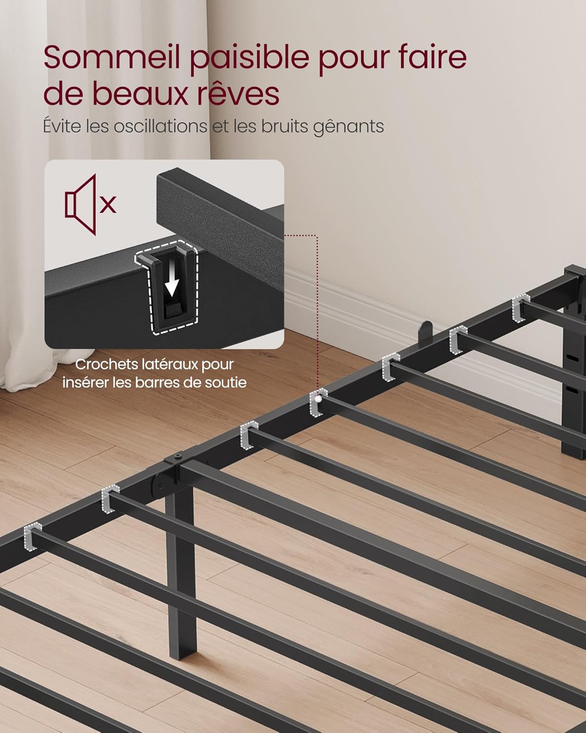 VASAGLE - cadre lit simple - 90x190 cm - métal, rangement, montage facile, RMB131B01