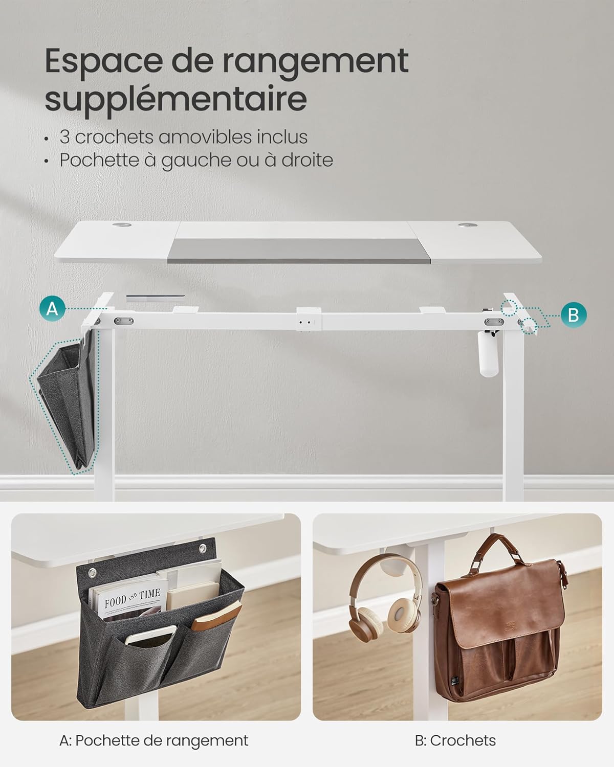 SONGMICS - Bureau électrique assis-debout - 140x60 cm - Hauteur réglable, mémoire 4 positions, blanc/gris - LSD016W02