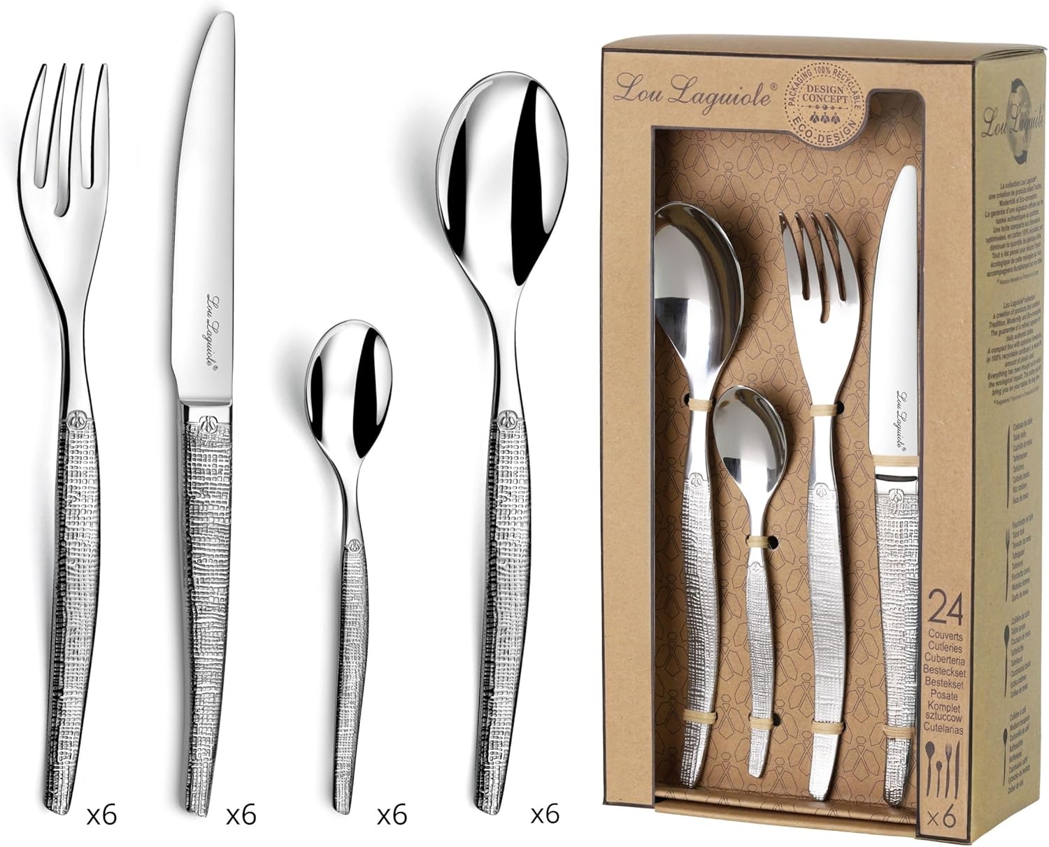 Lou Laguiole - Jet - 24 couverts inox 18/0 finition textil, 6 personnes