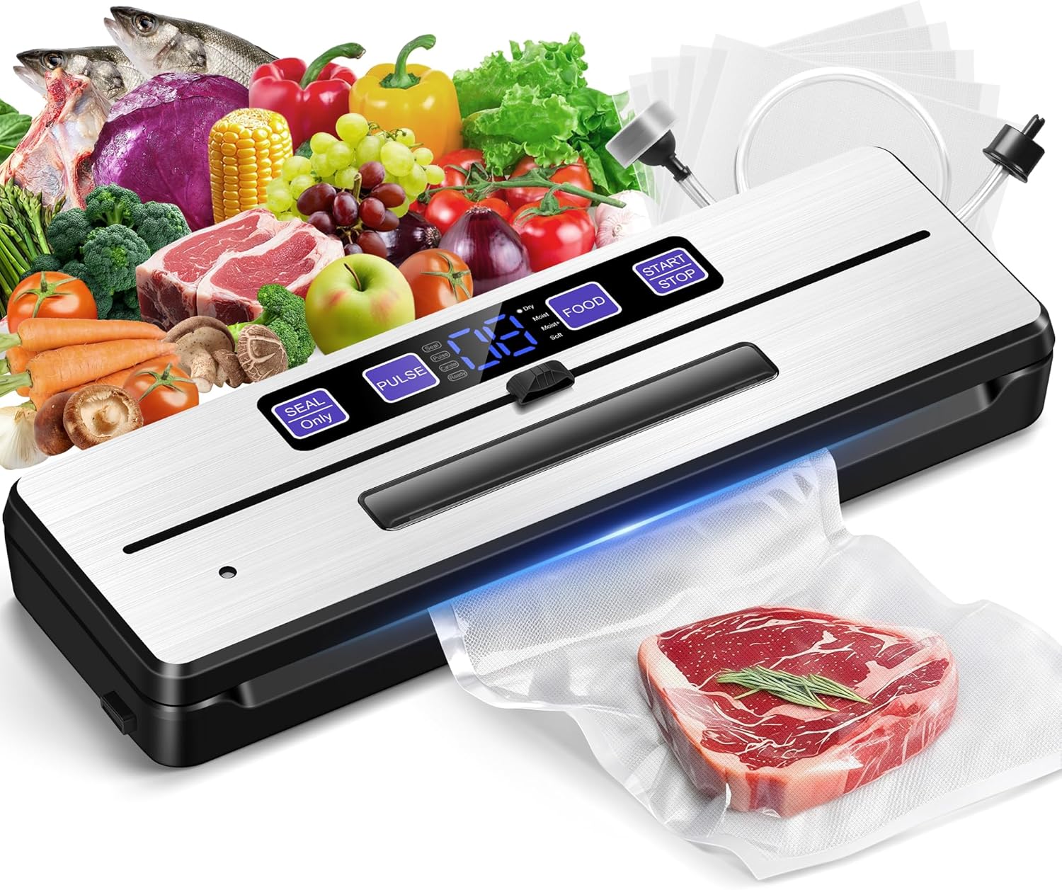 Machine sous vide alimentaire - double thermoscellage, 7en1, 80KPA, compatible aliments secs/humides