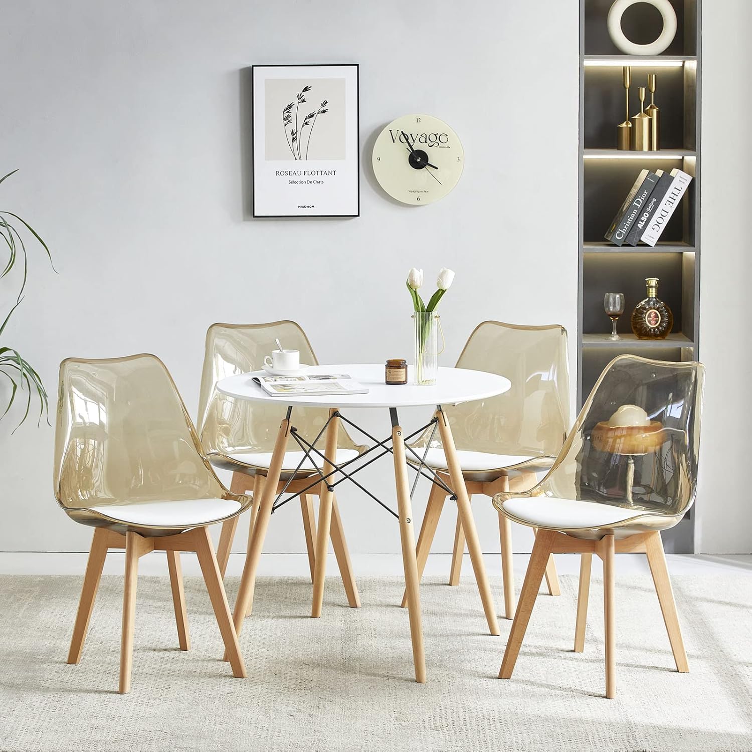 EGGREE - lot de 4 chaises scandinaves - bois hêtre - coussins cuir blanc, dossier transparent, testées SGS
