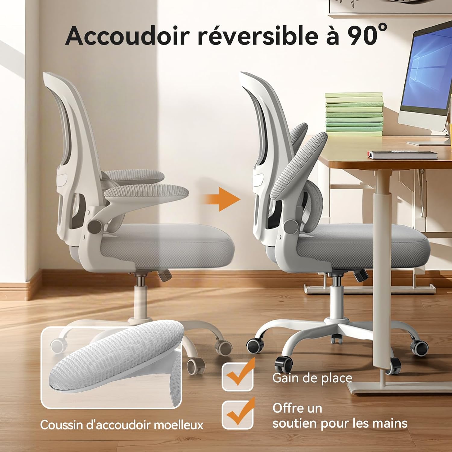 Naspaluro - chaise de bureau ergonomique, support lombaire, accoudoirs réversibles, maille respirante, gris