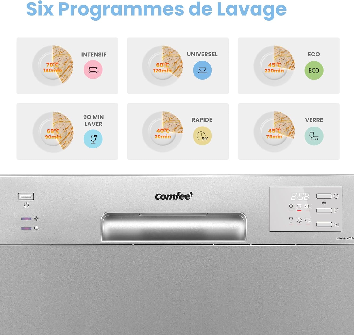 COMFEE - lave-vaisselle compact 6 couverts, LED, 47 dB, démarrage différé, CDWMT0602ESD-EU