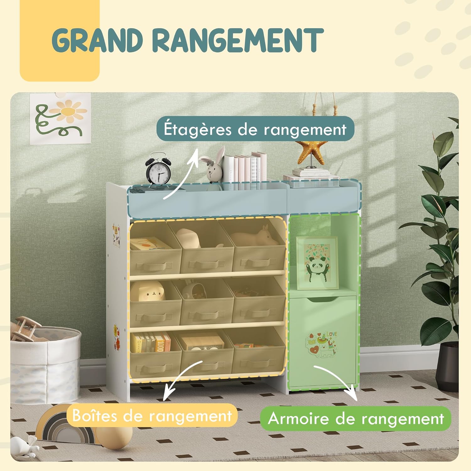 AIYAPLAY - étagère enfant 9 tiroirs tissu et placard, rangement jouets, blanc