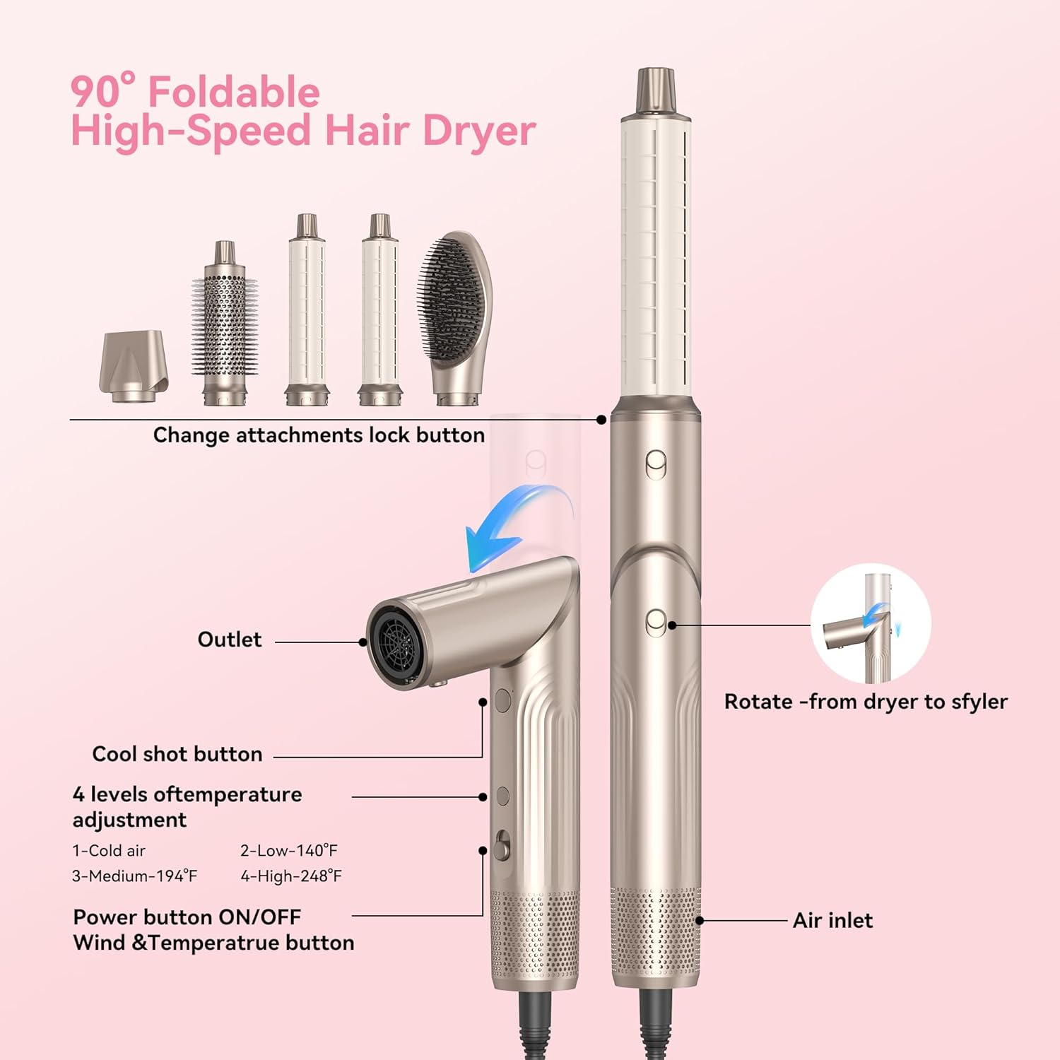 Sèche-cheveux Air Styler 5 en 1, 32mm, 1400W, 3 modes, 110000U/Min