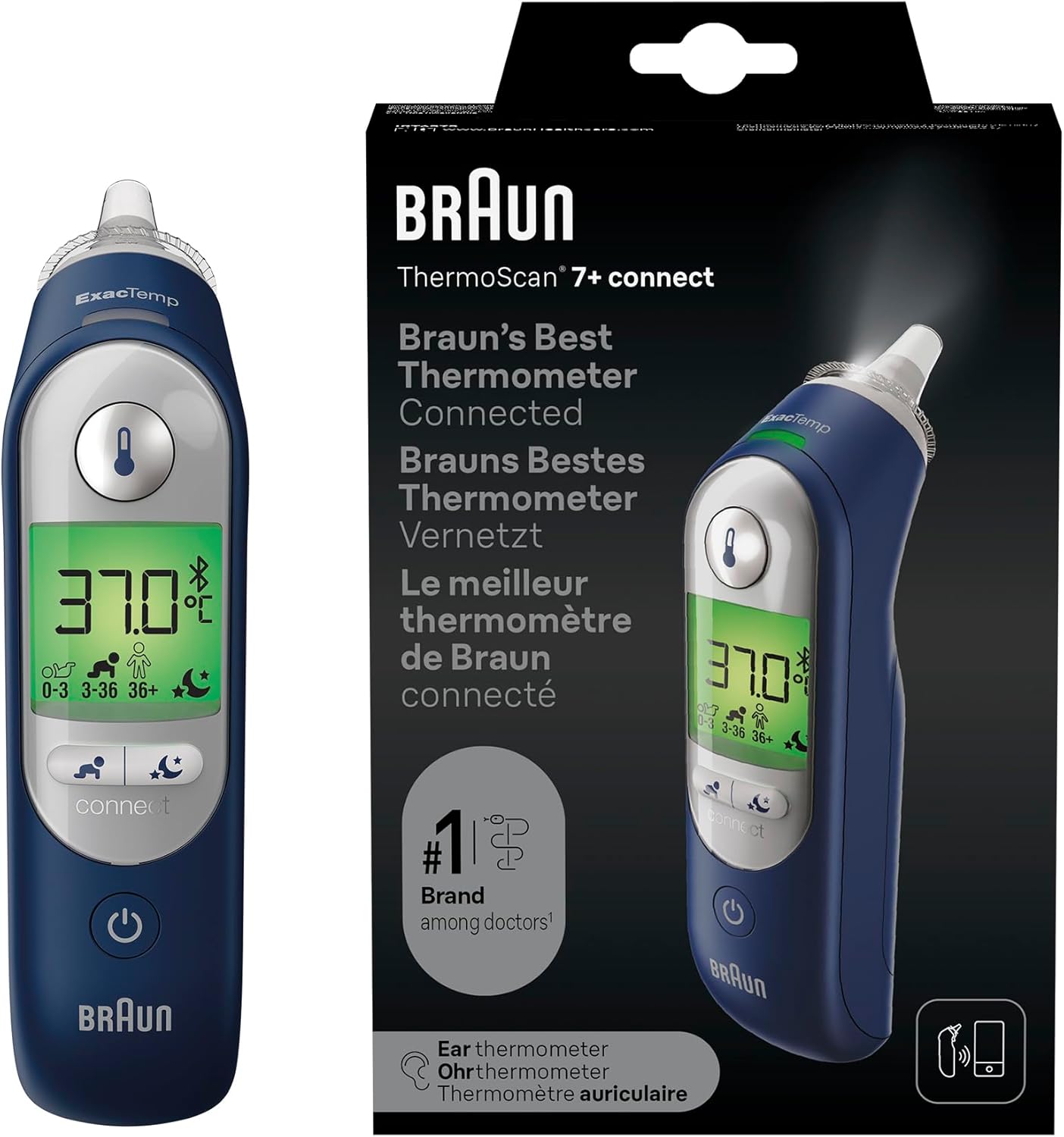 Braun - ThermoScan 7+ - thermomètre auriculaire - Age Precision, affichage code couleur, Bluetooth
