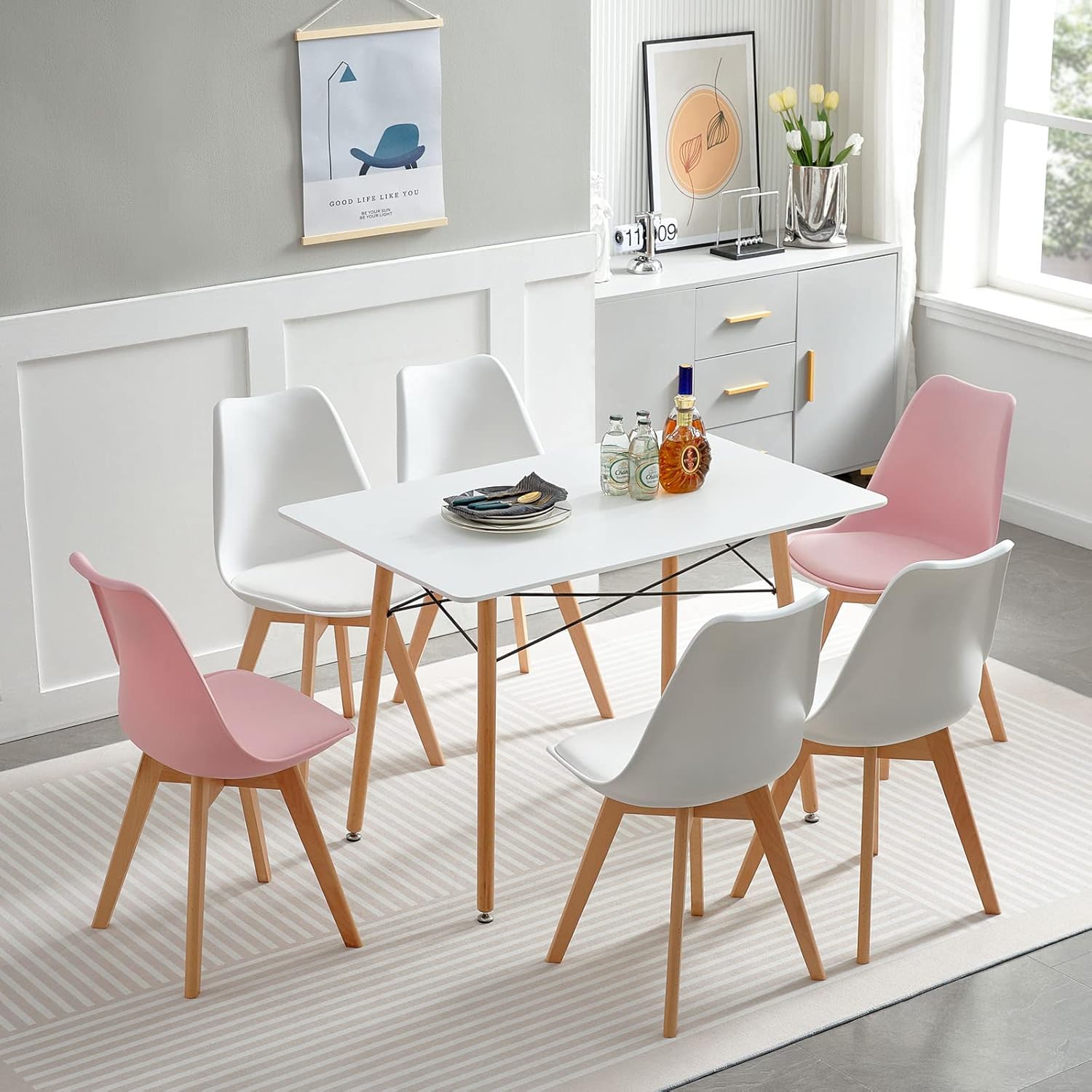 EGGREE - Série Scandinave - lot de 6 - chaises rembourrées, pieds hêtre, blanc