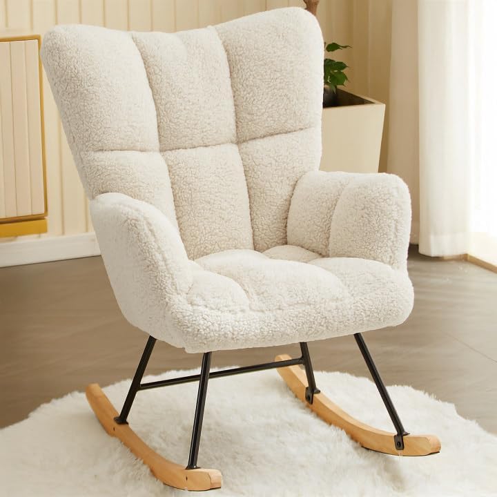 Fauteuil à bascule scandinave - velours, bois, 136kg, blanc, confort