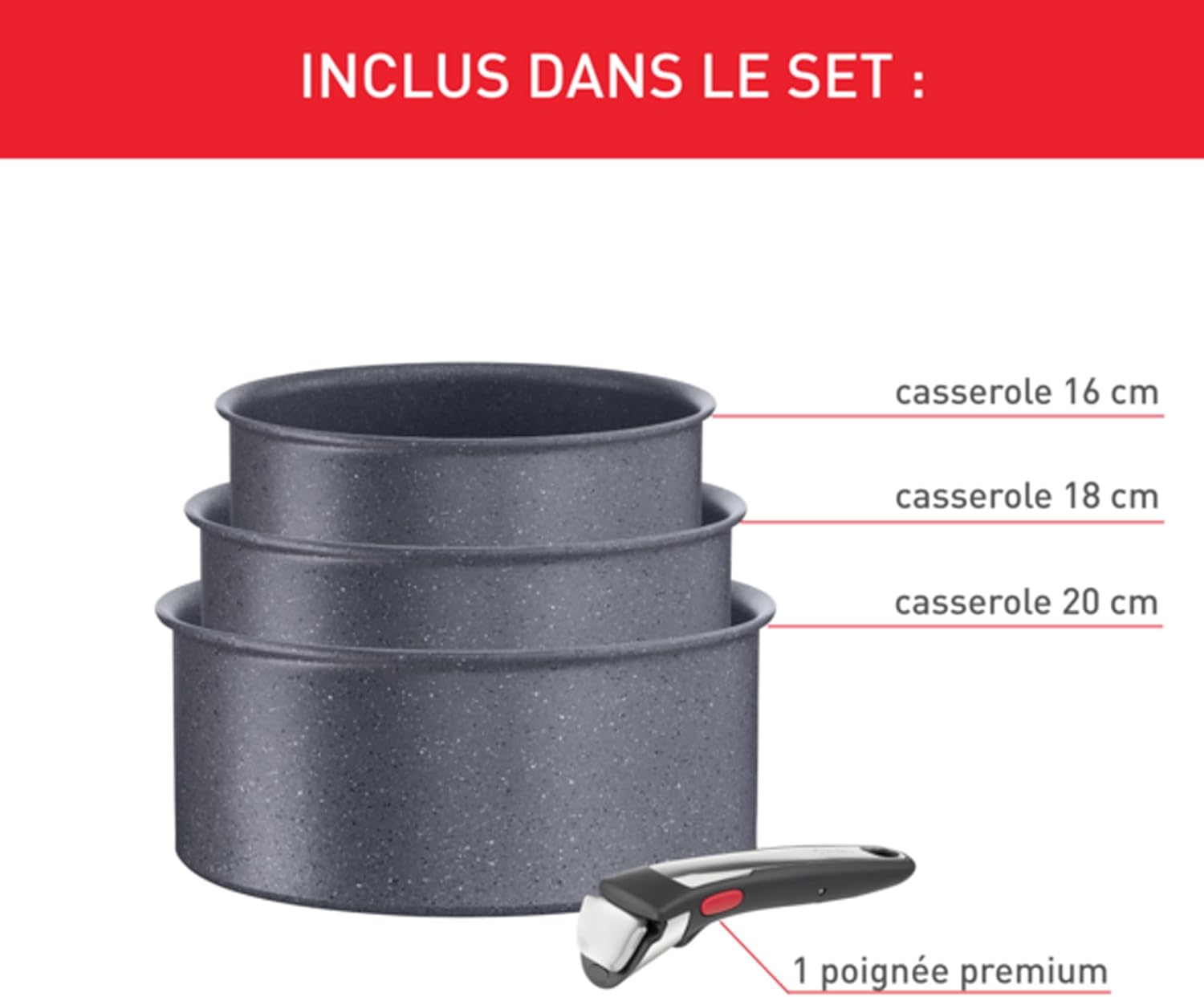 Tefal - Ingenio Natural On - 16/18/20 cm - casseroles induction, poignée amovible, empilables, lave-vaisselle L7669253