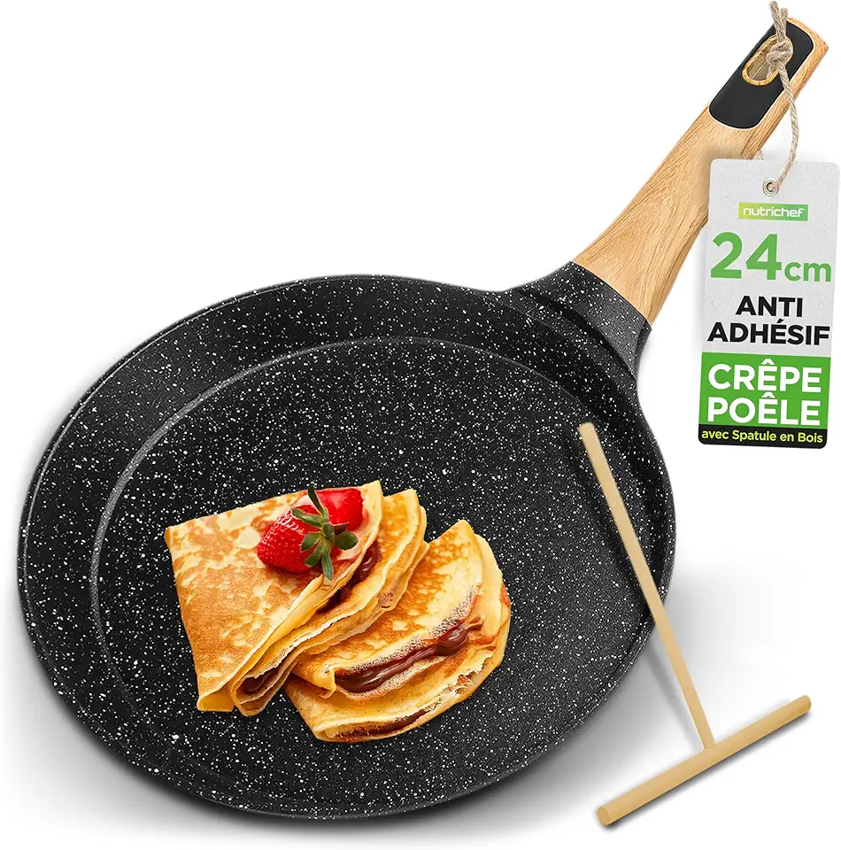 Nutrichef - Poêle à crêpes marbre 24 cm - induction, répartiteur bois, sans PFOA, lave-vaisselle