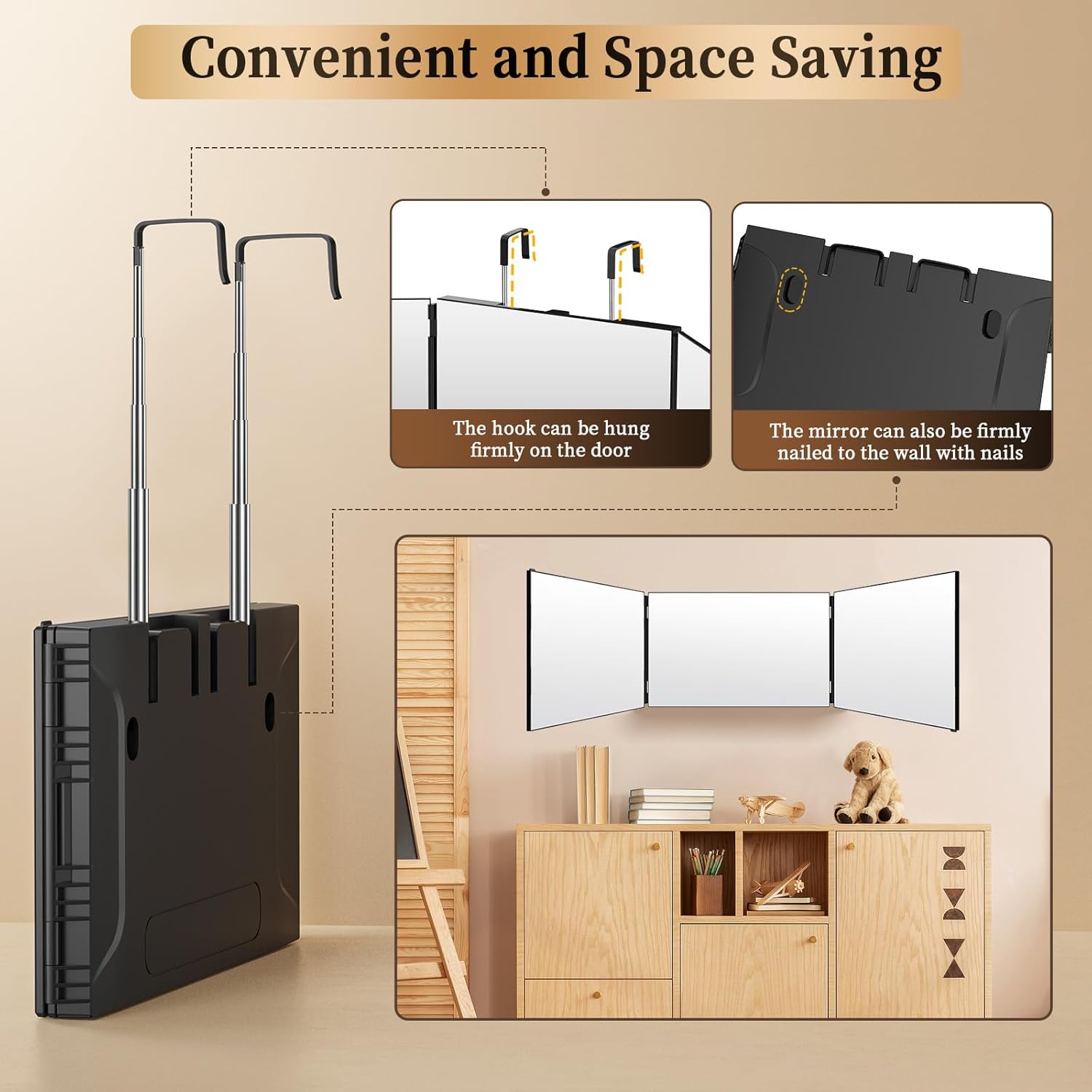 JUSRON - miroir 3 faces portable, pliable, hauteur réglable, sans LED