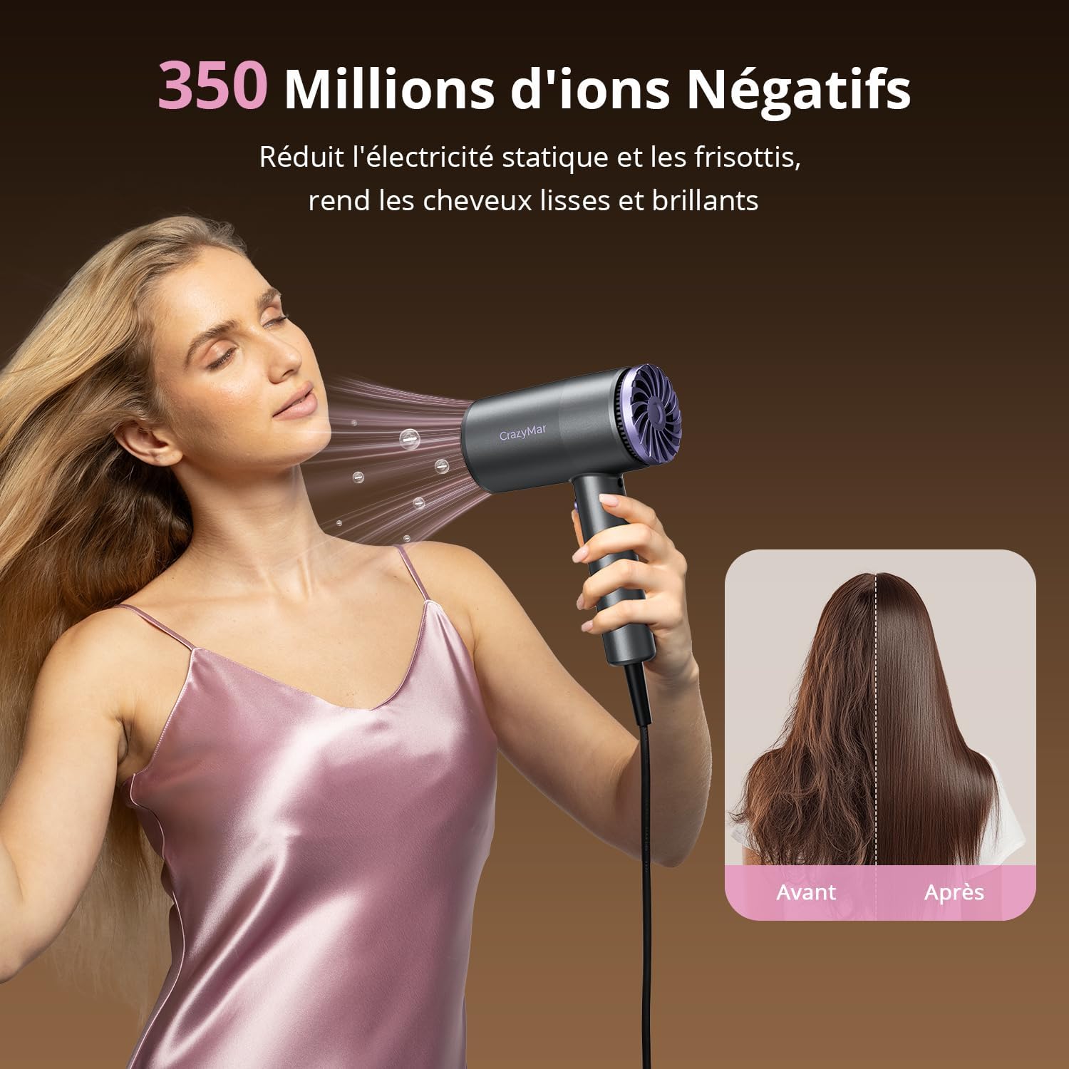 Sèche-cheveux professionnel - compact léger - ions négatifs, 3 vitesses, diffuseur - 350M