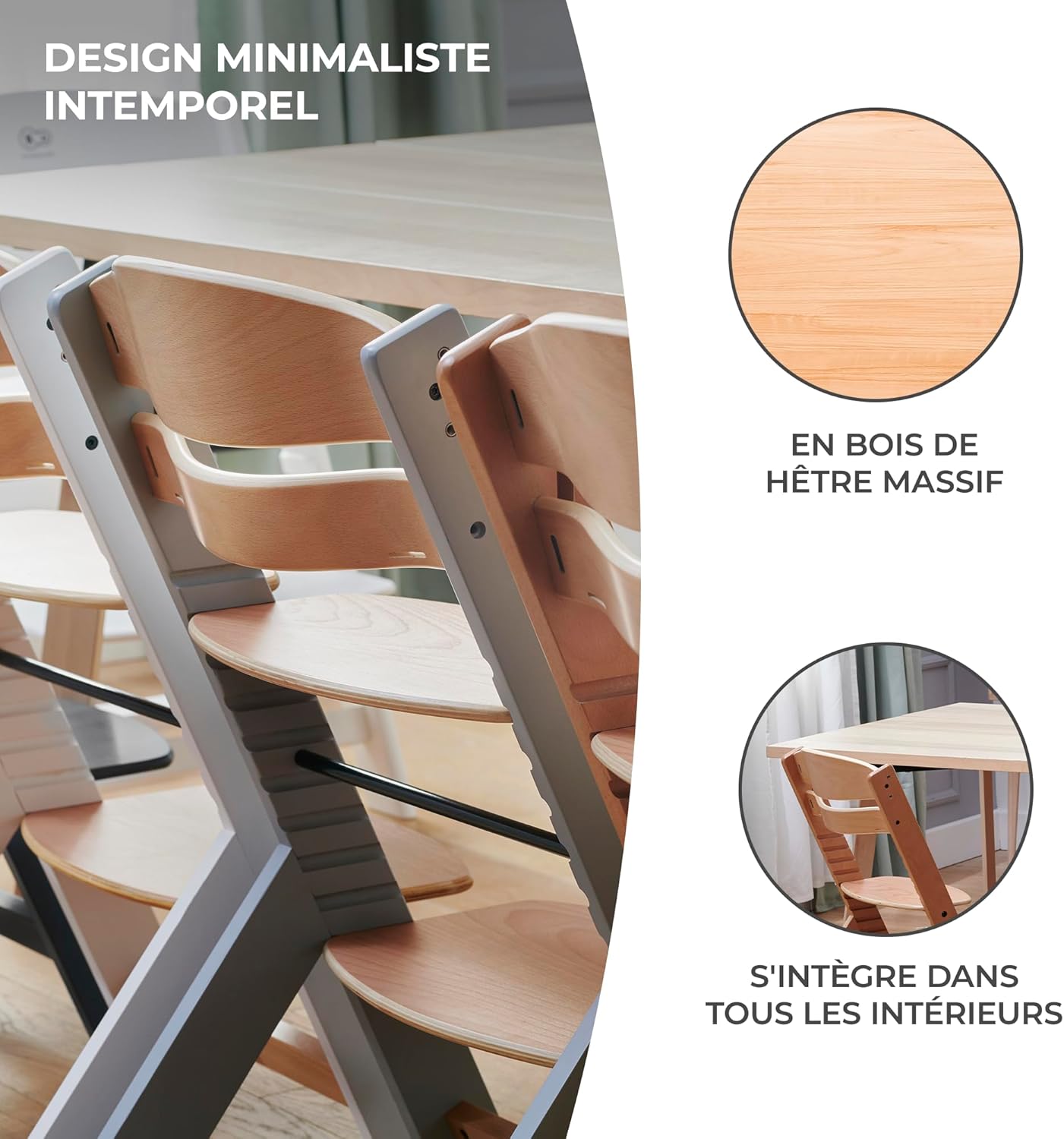 Kinderkraft - ENOCK - chaise 2-en-1 réglable, bois, harnais 3pts, 35kg, Blanc