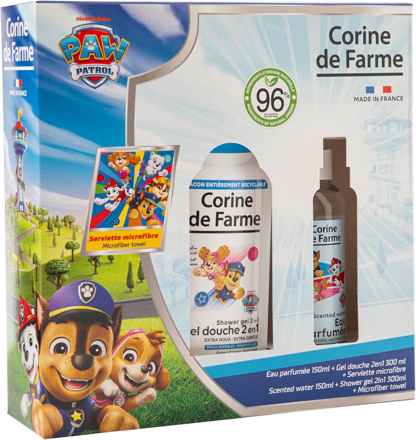 Corine de Farme - Pat Patrouille - 150ml/300ml/30x30cm - Eau parfumée musc fruité, gel douche 2en1 abricot, serviette, 9