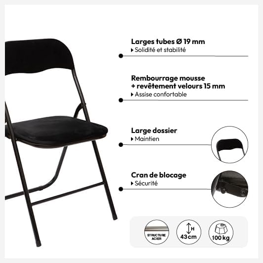 5five - Chaise pliante velours noir - confort, compacte, légère