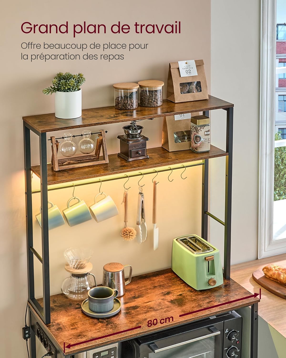 VASAGLE - étagère cuisine LED, multiprise, 8 crochets - 40x80x168,4 cm - KKS050KD01