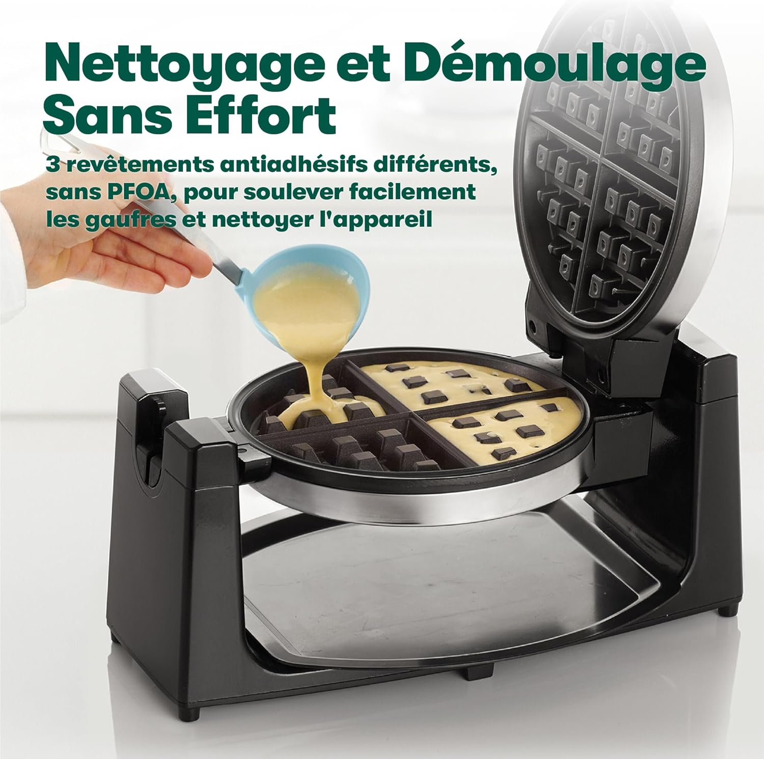 Bella - Gaufrier rotatif inox, plaques antiadhésives, réglage brunissage