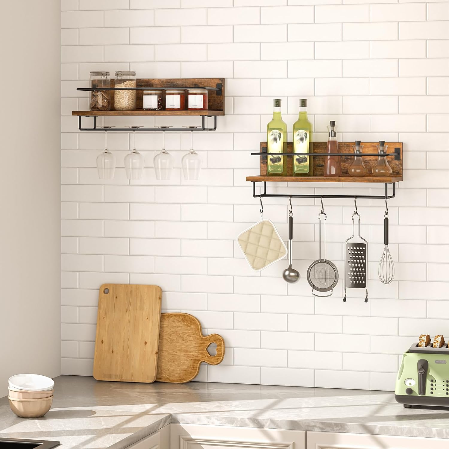 HOOBRO - Porte-bouteilles mural 2 pcs, bois métal, rangement verres, EBF28BJ01