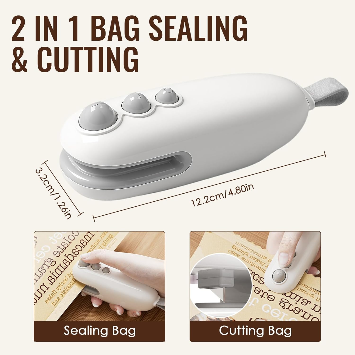 Mini Scelleur portable 2 en 1, USB, thermique, cutter intégré, blanc