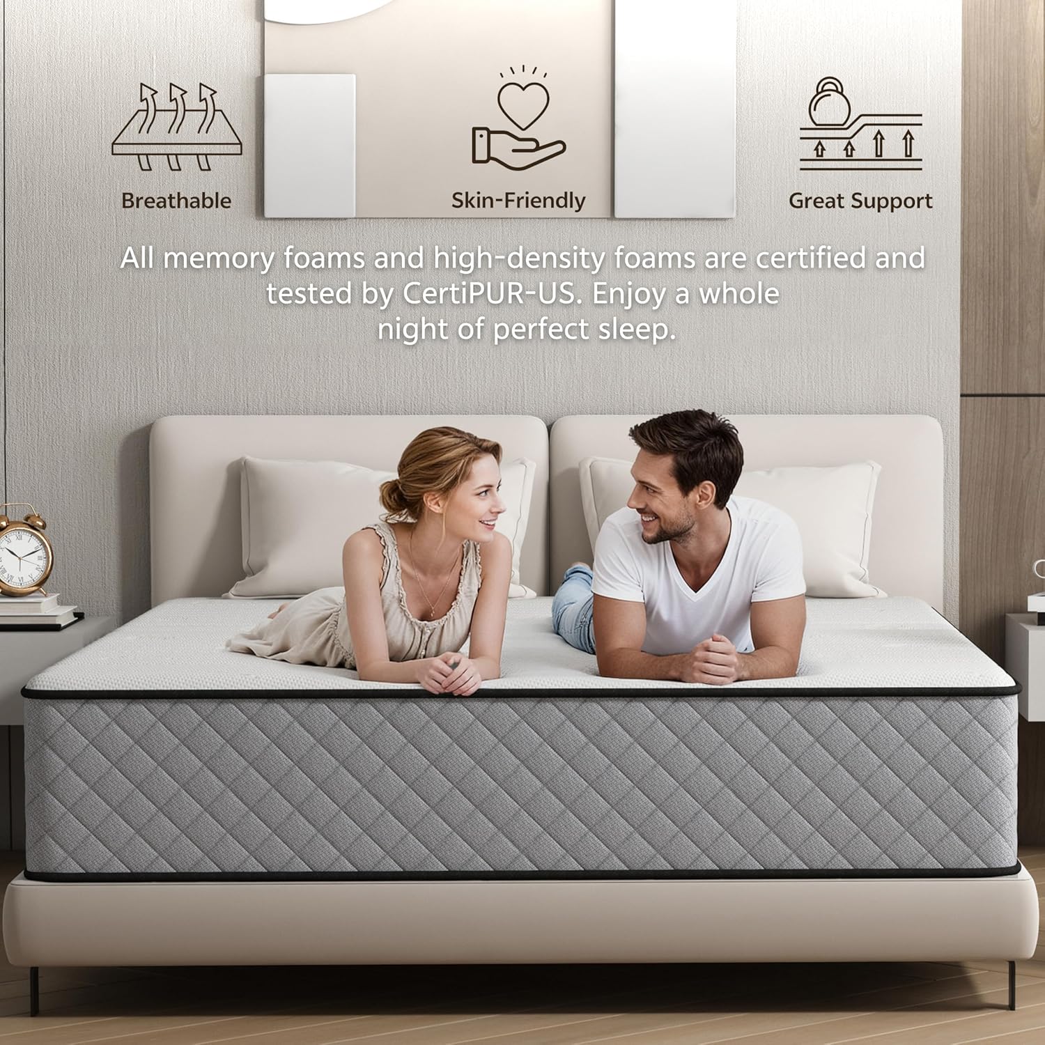 Matelas simple hybride - 190x90x25 cm - ressorts, mousse mémoire, fermeté moyenne