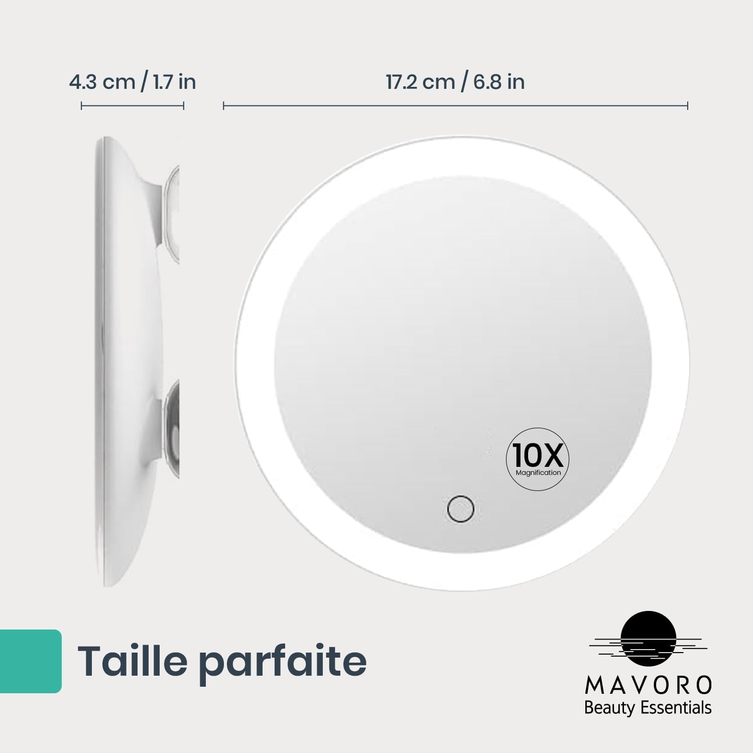 Mavoro - miroir grossissant LED 17 cm - 10X, 3 ventouses, portable