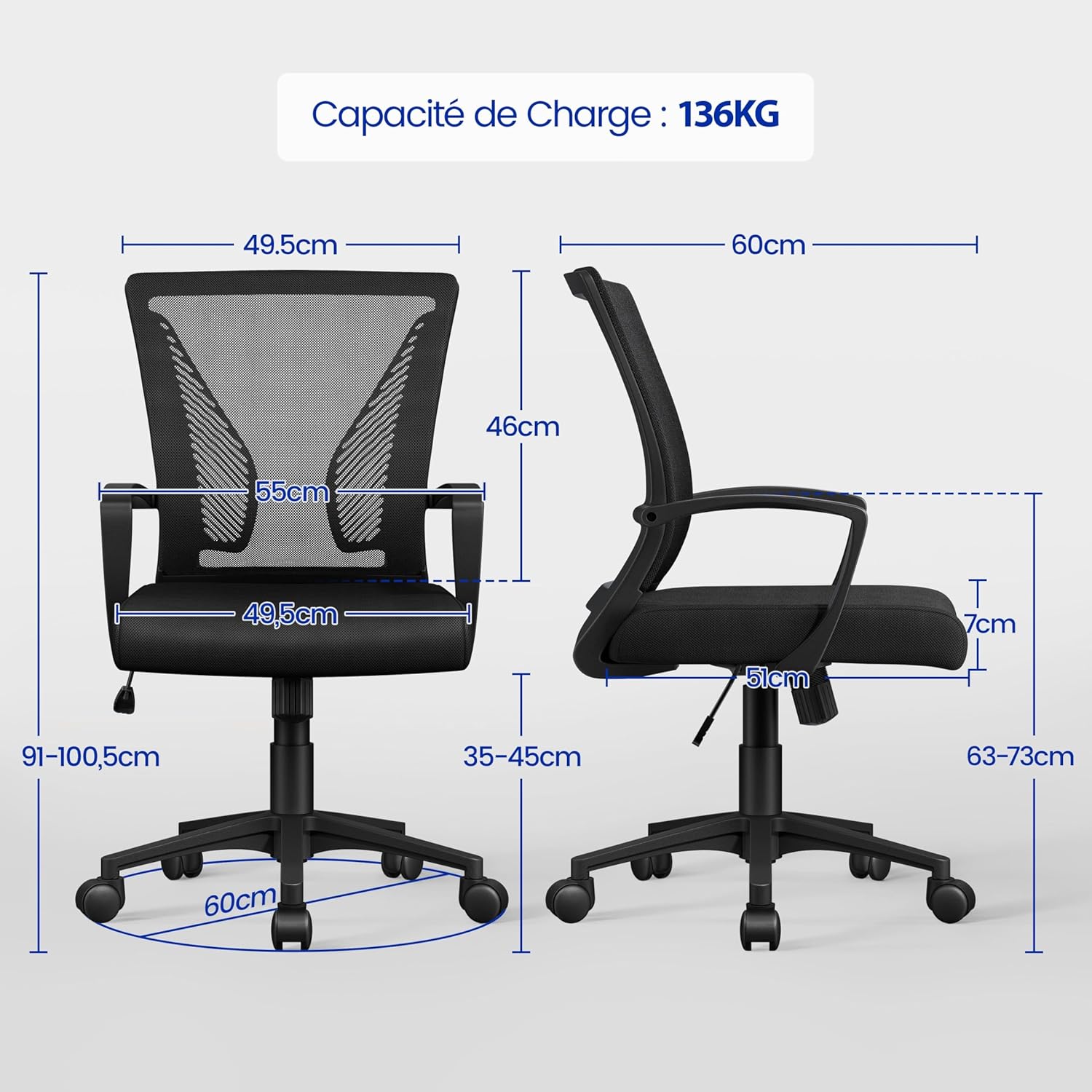 Yaheetech - chaise de bureau réglable 136kg, maille noire, dossier inclinable