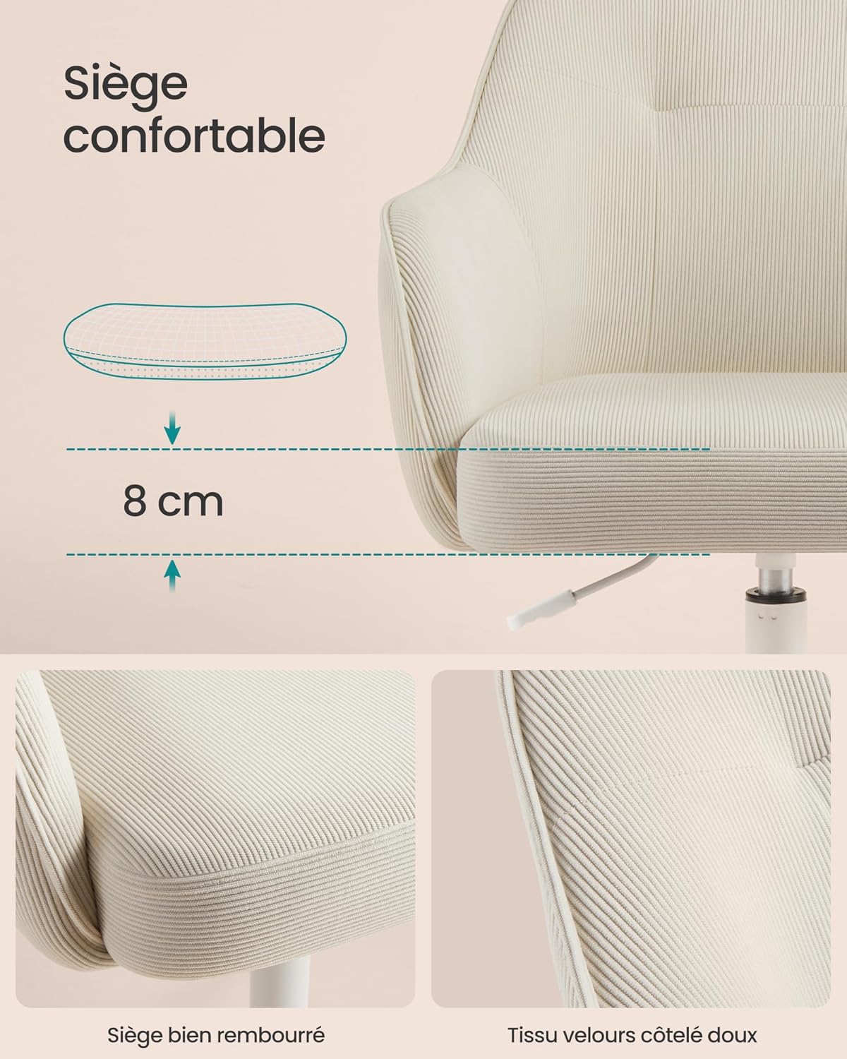 SONGMICS - fauteuil ergonomique velours, réglable, acier, 110kg - OBG019LZ01